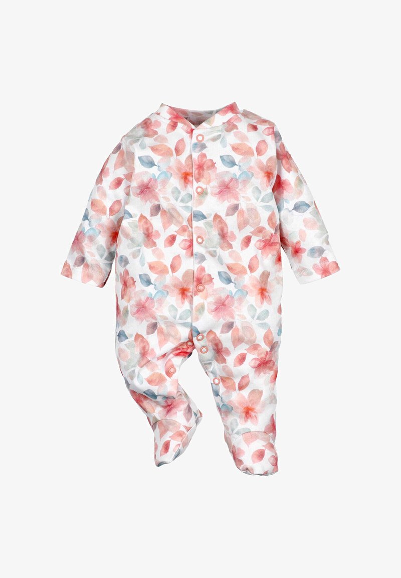 Body bébé blanc avec des motifs floraux et de feuilles roses, orange et bleus, à manches longues et boutons-pression sur le devant et les jambes.