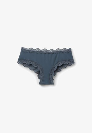 Dark blue lace-trimmed panties featuring scalloped edges, soft fabric, and a full coverage design. Ideal for comfort and fit.