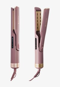 Rosa hårglätter med gyllene detaljer, avlång design, perforerat grepp och kontrollknappar på sidan för värmejustering.