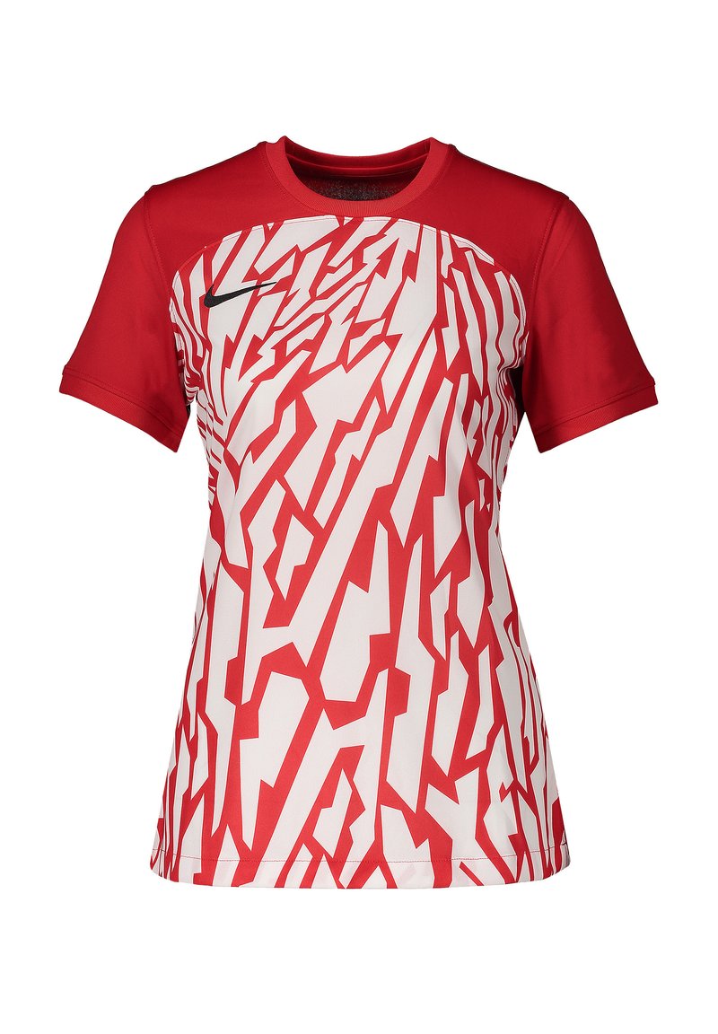 Rood-witte short-sleeve jersey met een dynamisch zigzagpatroon, gemaakt van ademend materiaal met een ronde hals en het Nike-logo.