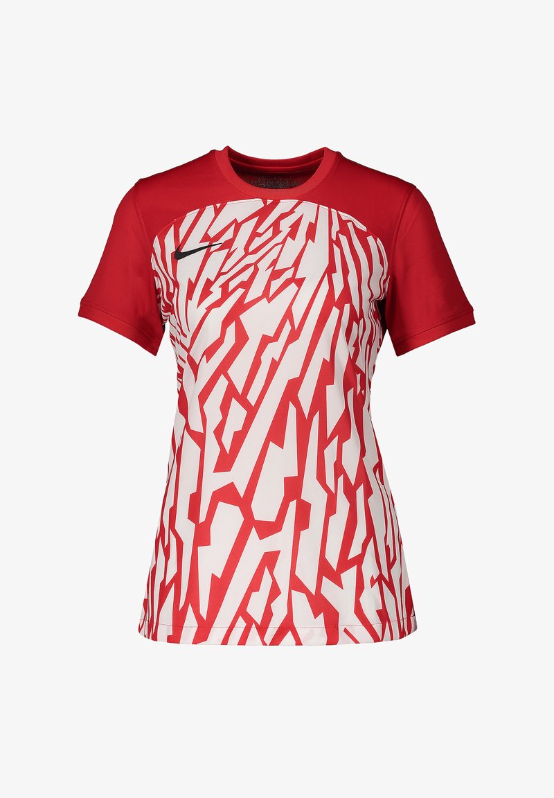 Rood-witte short-sleeve jersey met een dynamisch zigzagpatroon, gemaakt van ademend materiaal met een ronde hals en het Nike-logo.
