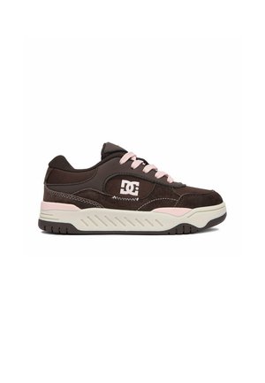 Brązowy niskoprofilowy sneaker z różowymi sznurowadłami, białą i różową podeszwą oraz białym logo DC po boku, prezentowany na białym tle.