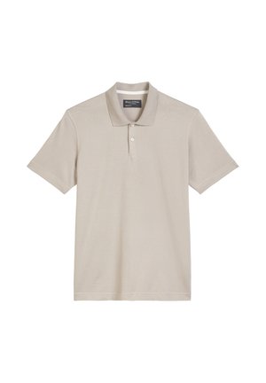 Beiges Poloshirt aus Baumwolle. Verfügt über einen klassischen Kragen, eine dreiknöpfige Knopfleiste und kurze Ärmel. Glatte Struktur ohne Muster.