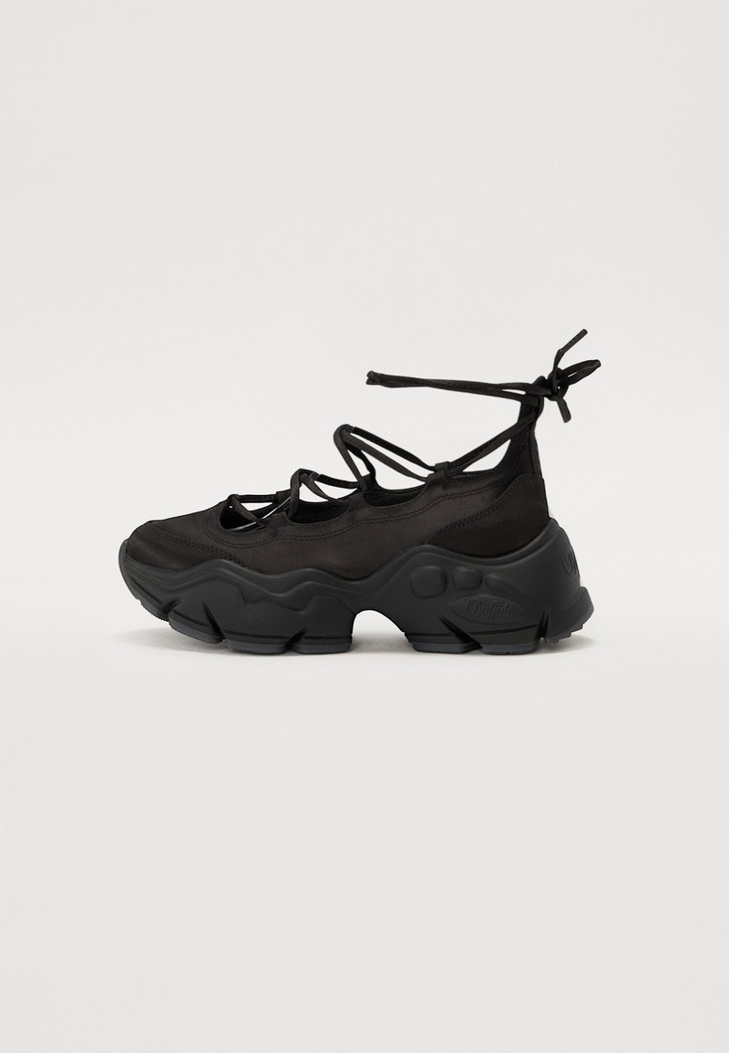Baskets noires épaisses avec une semelle texturée épaisse et plusieurs fines sangles croisées sur le pied avec fermeture par lacets à la cheville.