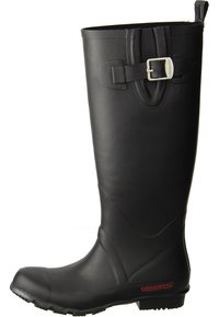 Botte en caoutchouc noire haute avec une boucle latérale et une languette, marquée "Giesswein" près de la semelle.