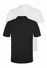 Two short-sleeved polo shirts: one black, one white. Both feature ribbed collars and a textured fabric, displayed back view.