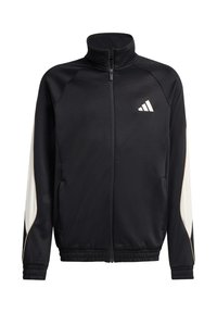 Čierna športová bunda s vysokým golierom, plným zipsom, elastickými manžetami a bočnými časťami s bielymi sieťovinovými panelmi. Logo Adidas v bielej farbe na hrudi.