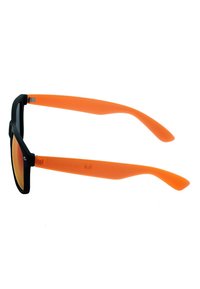 Black-framed sunglasses with reflective orange lenses and bright orange curved temples, shown from the side on a white background.