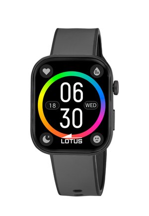 Smartwatch mit schwarzem Armband, das die Uhrzeit 06:30, Datum Mi 18 und Symbole für Herzfrequenz, Sauerstoff, Schlaf- und Stimmungsverfolgung anzeigt.