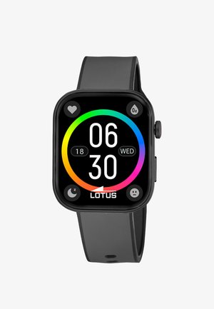 Smartwatch met een zwart bandje die de tijd 06:30, datum wo 18, en iconen voor hartslag, zuurstof, slaap en stemming bijhouden weergeeft.