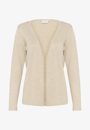 Beige gebreide cardigan met een diepe V-hals, lange mouwen en een open voorkant. Heeft een zachte textuur en een casual ontwerp.
