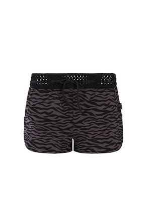 Zwart en paarse zebraprint zwemshort met een textuur in de gehaakte tailleband en een trekkoord. Bevat zijzakken voor opbergruimte.