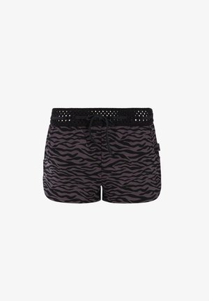 Zwart en paarse zebraprint zwemshort met een textuur in de gehaakte tailleband en een trekkoord. Bevat zijzakken voor opbergruimte.