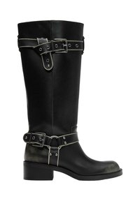 Botte en cuir noire mi-mollet avec deux sangles à boucle réglables, bout rond et talon bloc bas sur fond blanc.