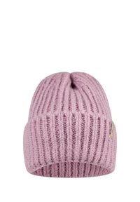 Pink knit beanie with vertical ribbed texture and a folded cuff. Features a small tag on the side. Soft wool-like material.