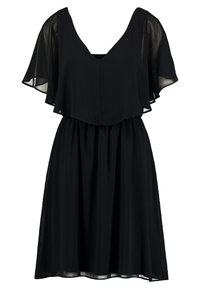 Black knee-length dress with sheer flutter sleeves, V-neckline, and cinched waist.