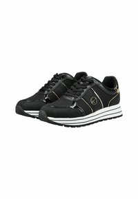 Scarpe sportive nere con un design elegante, che presentano una combinazione di tessuto e materiali sintetici, suola a strisce bianche e dettagli dorati.