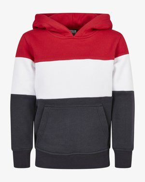 Hoodie colorat în blocuri roșu, alb și bleumarin, cu buzunar tip cangur, glugă cu șnur și manșete și tiv din material ribbed. Material moale din bumbac combinat.