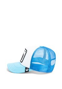 Cappellino da camionista con parte anteriore bianca, retro in rete blu e visiera azzurro chiaro. Decorato con una toppa sulla parte frontale e chiusura a pressione regolabile.
