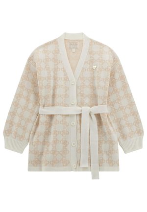 Beżowy kardigan z subtelnym wzorem, z dekoltem w serek, długimi rękawami, guzikami z przodu oraz paskiem wiązanym w talii dla regulacji.