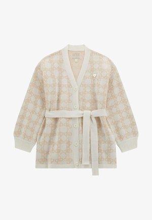 Beige cardigan med et diskret mønster, der har V-hals, lange ærmer, knapper foran og en justerbar taljebælte, der bindes.