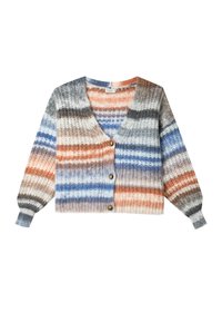 Pletený kardigan s horizontálními pruhy v šedé, oranžové, modré a bílé barvě. Výstřih do V, dlouhé rukávy a tři knoflíky vpředu.
