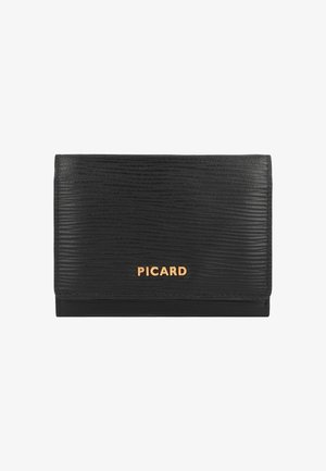 Portafoglio nero e testurizzato con logo dorato "PICARD". Presenta un design pieghevole e bordi lisci. Il materiale sembra essere pelle.