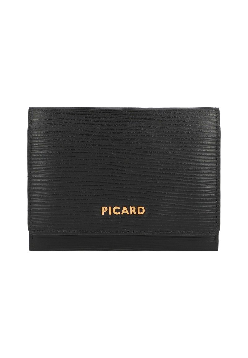 Portefeuille noir texturé avec un logo doré "PICARD". Il présente un design à rabat et des bords lisses. Le matériau semble être du cuir.