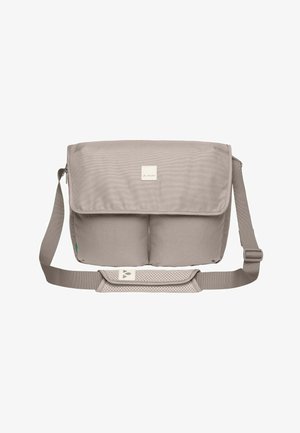 Sac messager rectangulaire beige avec fermeture à rabat, bandoulière réglable, rembourrage d'épaule et écusson logo à l'avant.