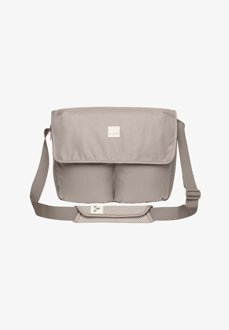 Sac messager rectangulaire beige avec fermeture à rabat, bandoulière réglable, rembourrage d'épaule et écusson logo à l'avant.