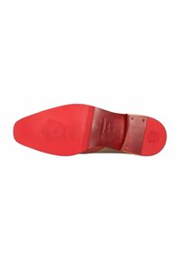 Schuh mit roter Sohle und sichtbarem eingeprägtem Logo auf der Sohle, schmaler Design, glatte Oberfläche und kontrastierende Ledertextur an den Seiten.