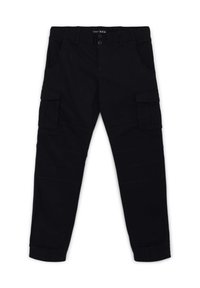 Czarne spodnie cargo z elastycznymi mankietami, z przednimi i bocznymi kieszeniami oraz gładką fakturą materiału. Posiadają dwa guziki w pasie.