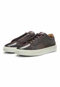 Sneaker in pelle marrone con un design elegante, punta rotonda, sistema di lacci elastici e suola in gomma bianca. Sottile accentuazione perforata sui lati.