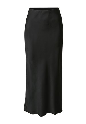 Jupe midi en satin noir avec une texture lisse, coupe slim et légère évasée à l'ourlet. Design simple sans fermetures visibles ni ornements.