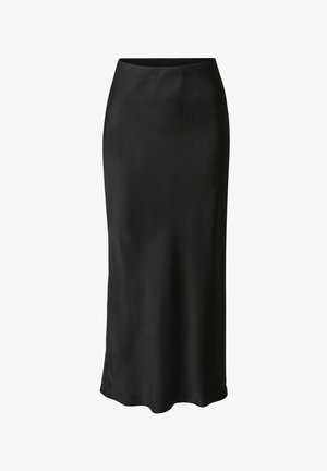 Jupe midi en satin noir avec une texture lisse, coupe slim et légère évasée à l'ourlet. Design simple sans fermetures visibles ni ornements.