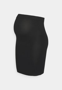 Svart bodycon kjol gjord av ett mjukt, stretchigt tyg. Har en förenklad design med midjeband och inga synliga knäppningar.