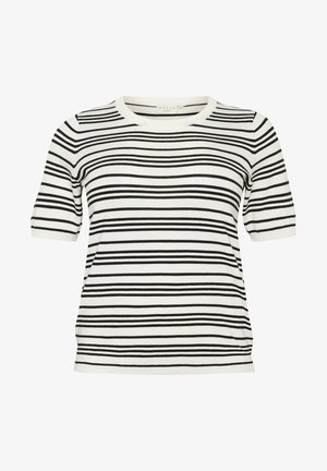 Kratka majica iz bombažne mešanice s horizontálnimi črno-belimi črtami, okroglim izrezom in sproščenim krojem. Gladka tekstura.