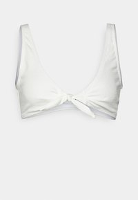 Top de biquíni branco com um tecido texturizado, design de decote em V, alças largas e detalhe de nó na frente. Forro interior suave.
