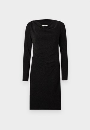 Schwarzes langärmliges Kleid mit Carmen-Ausschnitt, das eine figurbetonte Silhouette und einen dezenten Glitzereffekt aufweist. Glattes Material und knielange Passform.