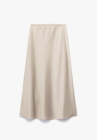 Beige satin A-line nederdel med en glat tekstur, en markeret talje, og en svævende silhuet, der strækker sig til midten af læggen.