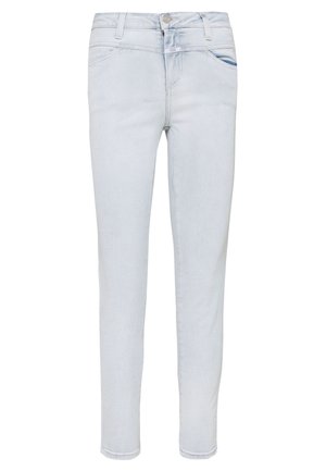 Vaalean siniset slim fit -farkut, joissa on etutaskut, vyölenkit ja napillinen vyötärön sulkeminen.