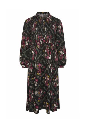 Robe noire à fleurs avec des manches longues, un col et des boutons. Présente des fleurs roses, blanches et jaunes sur un fond sombre. Longueur maxi.