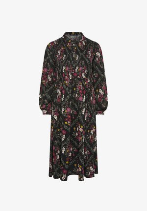 Musta kukallinen mekko, jossa on pitkät hihat, kaulus ja napit. Ominaisuuksina vaaleanpunaisia, valkoisia ja keltaisia kukkia tummalla taustalla. Maxipituus.