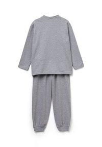 Šedé dlouhé tričko s dlouhými rukávy a odpovídající kalhoty s elastickými manžetami položeny naplocho, zobrazené zezadu, představující pohodlný domácí set.