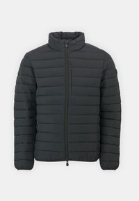 Sort pufferjakke med horisontale quiltede mønstre, høj krave, frontlynlås og en brystlomme. Glat tekstur og letvægtsdesign.