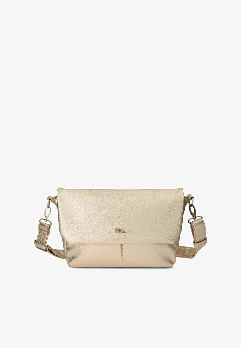 Borsa a tracolla metallica dorata con una texture in pelle liscia, chiusura con zip e tracolla regolabile. Caratterizzata da un design minimale e dettaglio del logo.
