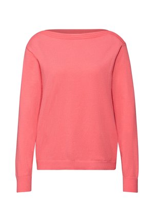 Różowy sweter z długim rękawem, z dekoltem w łódkę oraz ściągaczami na mankietach i dole, na białym tle.