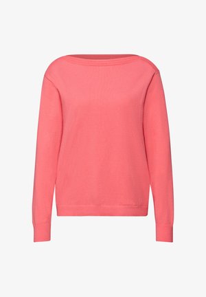 Różowy sweter z długim rękawem, z dekoltem w łódkę oraz ściągaczami na mankietach i dole, na białym tle.