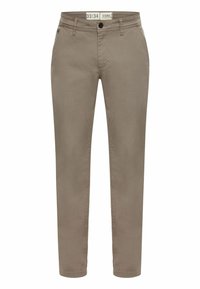 Beige Chinos mit schlanker Passform, vorderen Taschen und Knopfverschluss. Glatte Textur mit dezenten Nähten entlang der Seiten.