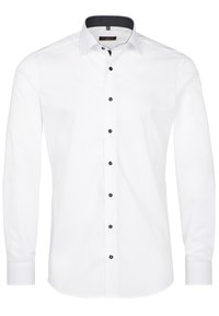 Camicia bianca a maniche lunghe con colletto classico, dotata di bottoni neri e di un colletto interno nero a contrasto. Tessuto con texture liscia.